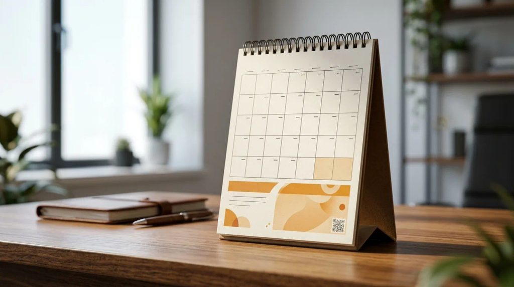 Tata letak proporsional kalender meja A5 portrait berbahan kertas ivory dengan integrasi penanggalan rapi dan branding profesional.
