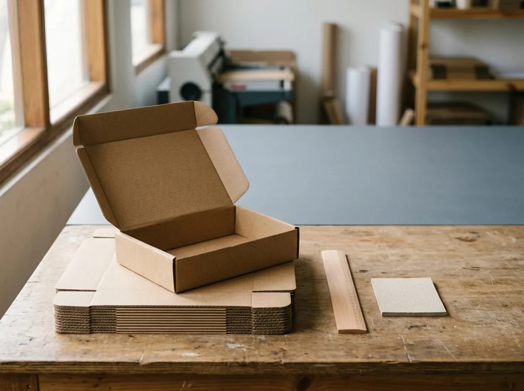 Sampel mailer box kraft dan tumpukan kardus kemasan batch kecil 100 pcs di meja percetakan.