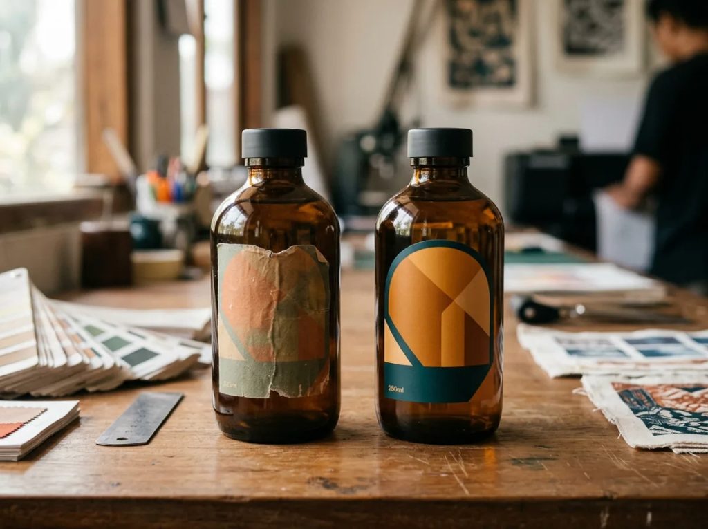 Perbandingan kualitas cetak stiker custom presisi dan label pudar pada botol kemasan produk UKM