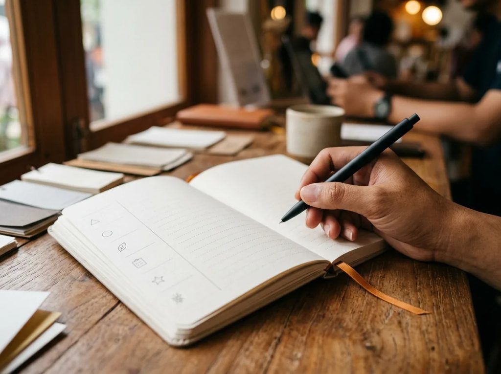 Aturan praktis 60/40 dalam menata format halaman buku agenda polos.