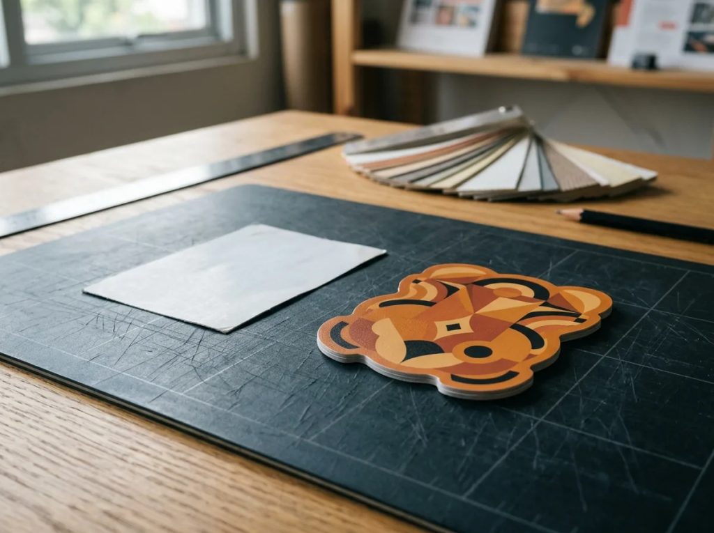 Perbandingan stiker promosi biasa dengan stiker die-cut brand unik di meja percetakan.
