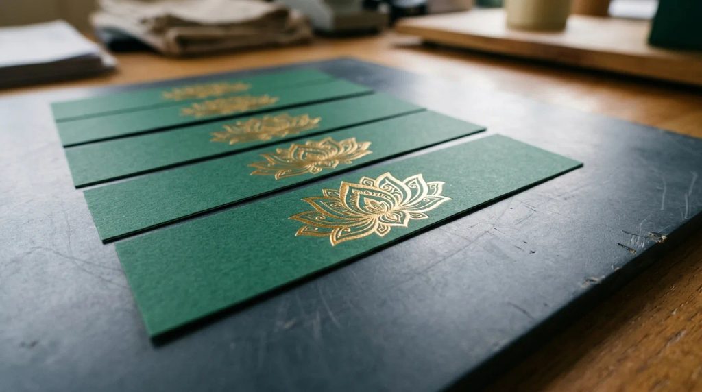 Detail finishing foil emas pada stiker panjang mooncake