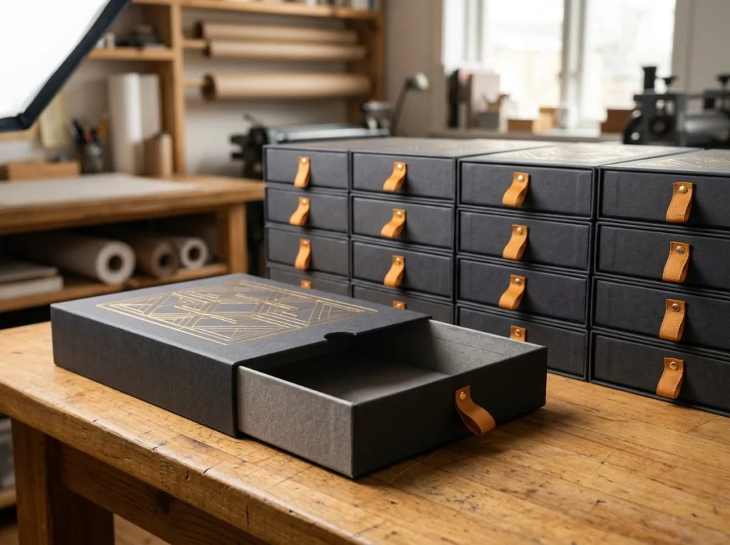 Deretan order sliding box ukuran besar mewah dengan laci greyboard presisi dan foil emas Uprint.id