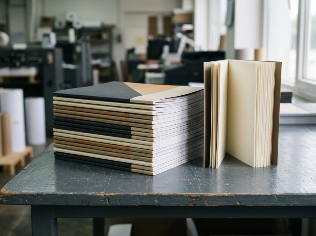 Tumpukan hasil cetak soft cover 50 pcs untuk booklet bisnis di percetakan.