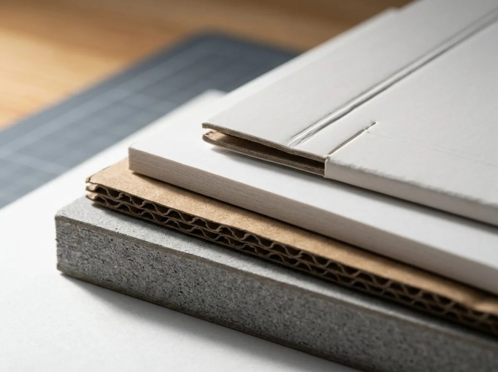 Detail material mailer box: rigid chipboard, corrugated kraft, dan art carton tebal untuk struktur kemasan kokoh.