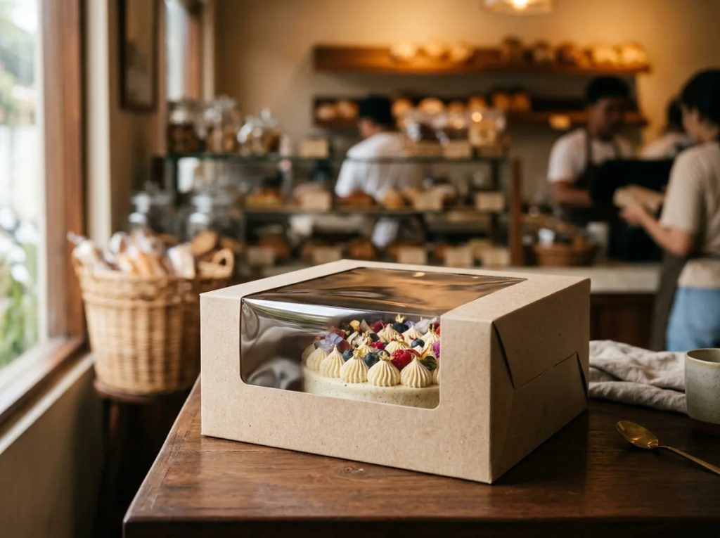 Kemasan cake box custom dengan jendela transparan melindungi kue tart sekaligus memamerkan keindahannya