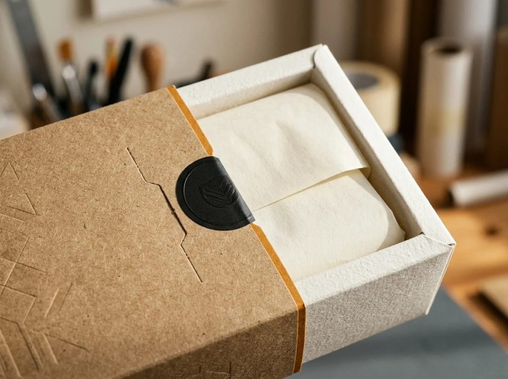 Detail kemasan makanan branded dengan sleeve kraft dan stiker segel untuk ritual unboxing yang instagrammable.