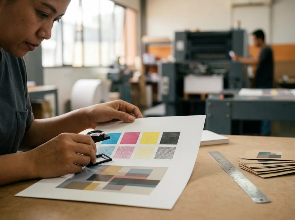 Pengecekan color proofing lembar cetak memakai loupe untuk memastikan akurasi warna pada linimasa percetakan.