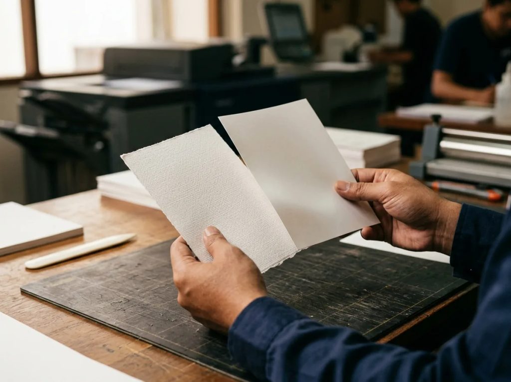 Perbandingan tekstur kertas fancy paper dan art carton untuk cetak kartu undangan ulang tahun anak.