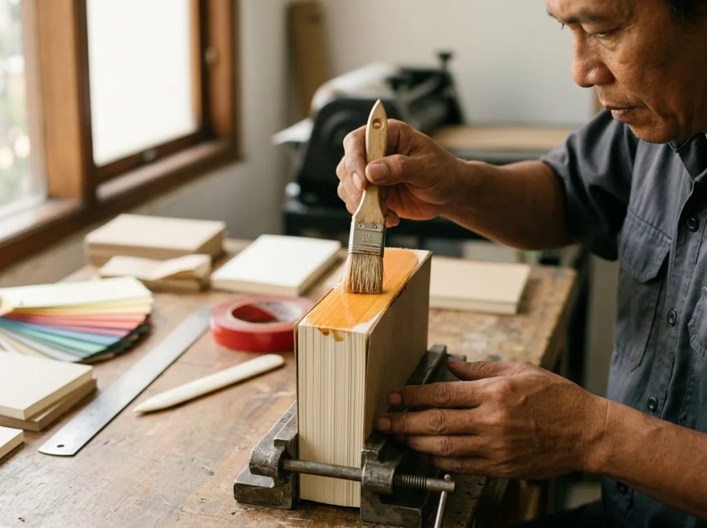 Proses aplikasi lem padding presisi pada jilid lem block custom memo pad percetakan.