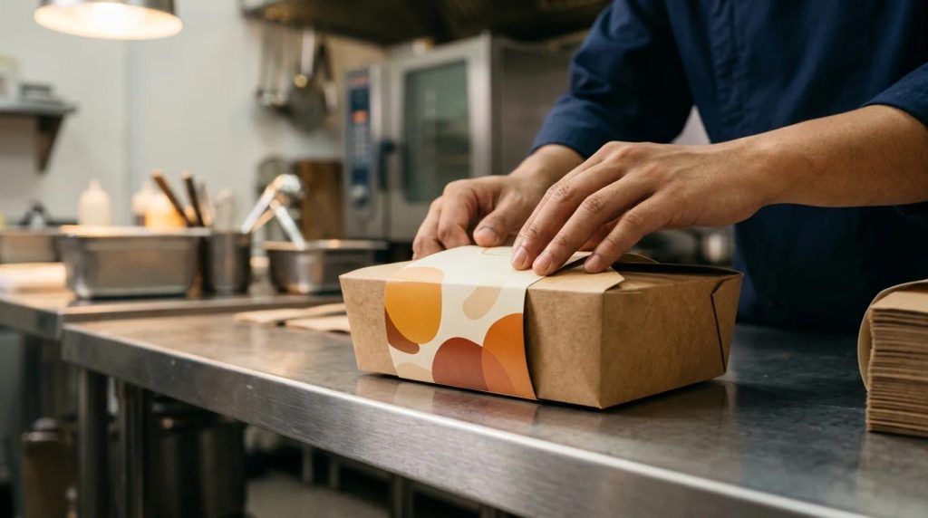 Pemasangan sleeve kertas kemasan custom pada box makanan takeaway
