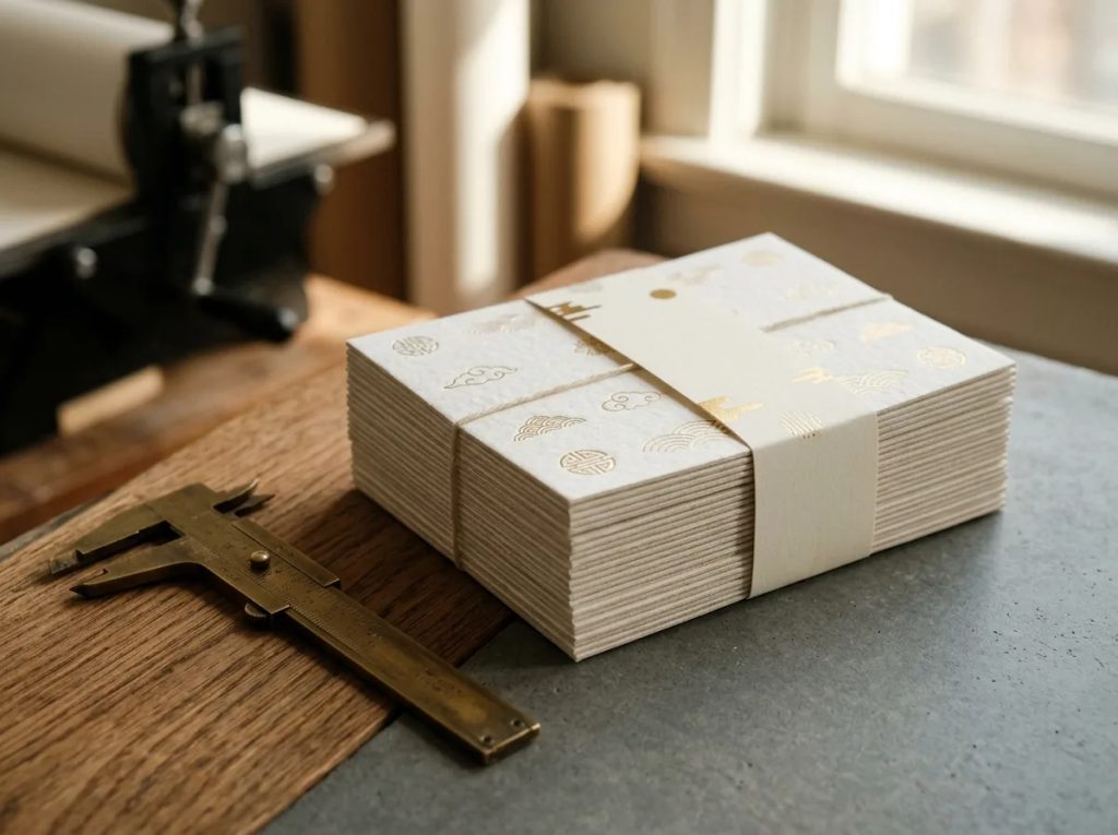 Tumpukan paket 100 pcs notecard Imlek kertas fancy beraksen foil emas di meja cetak.