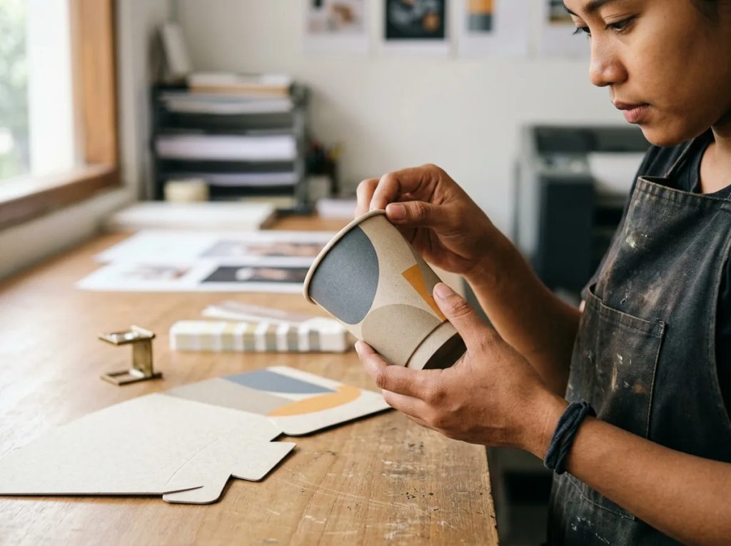 Pengecekan detail presisi warna dan lipatan paper cup unik untuk kemasan F&B di percetakan.