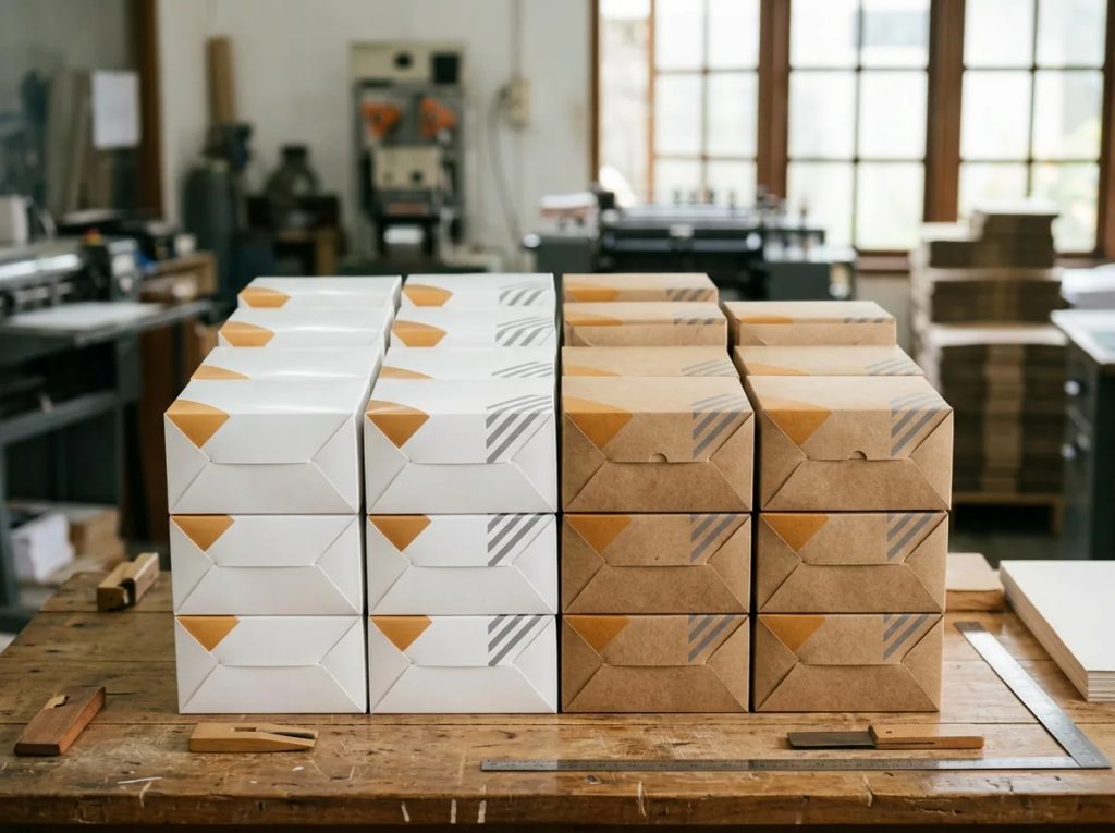 Perbandingan tumpukan box kemasan makanan food-grade bahan kertas ivory putih dan kraft paper cokelat.