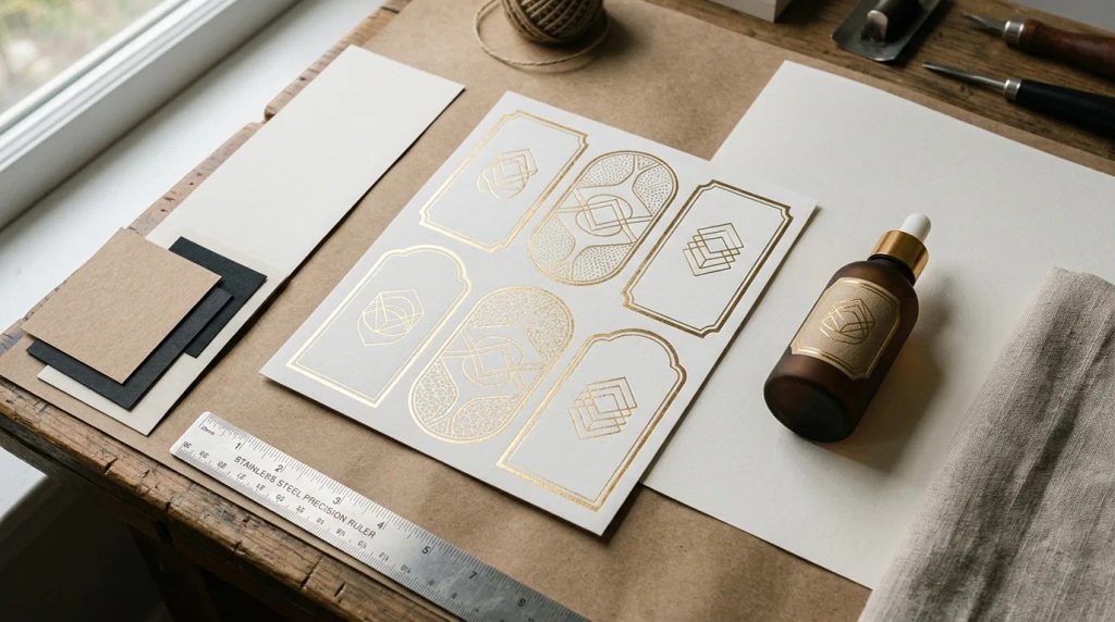 Cetak label custom finishing emas mewah pada botol kosmetik dan lembar stiker foil.