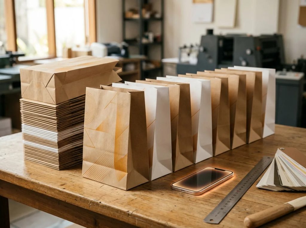 Deretan paper bag kustom dan smartphone di meja cetak untuk kalkulasi ROI impresi branding fisik.