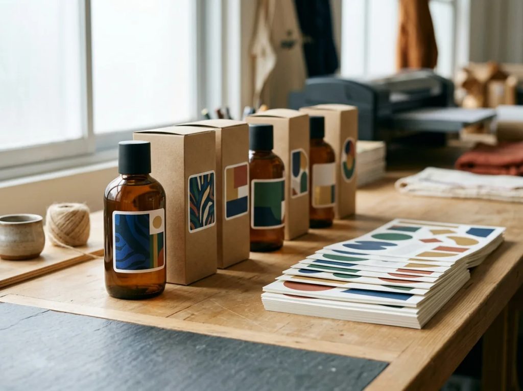 Deretan kemasan botol dengan label stiker custom presisi dan tumpukan lembaran cetak berkualitas.