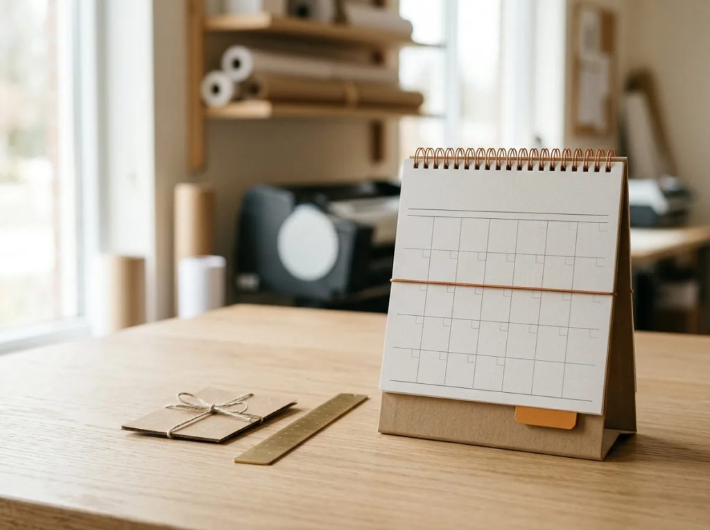 Kalender meja promosi bisnis fungsional dengan date grid lapang di meja kerja
