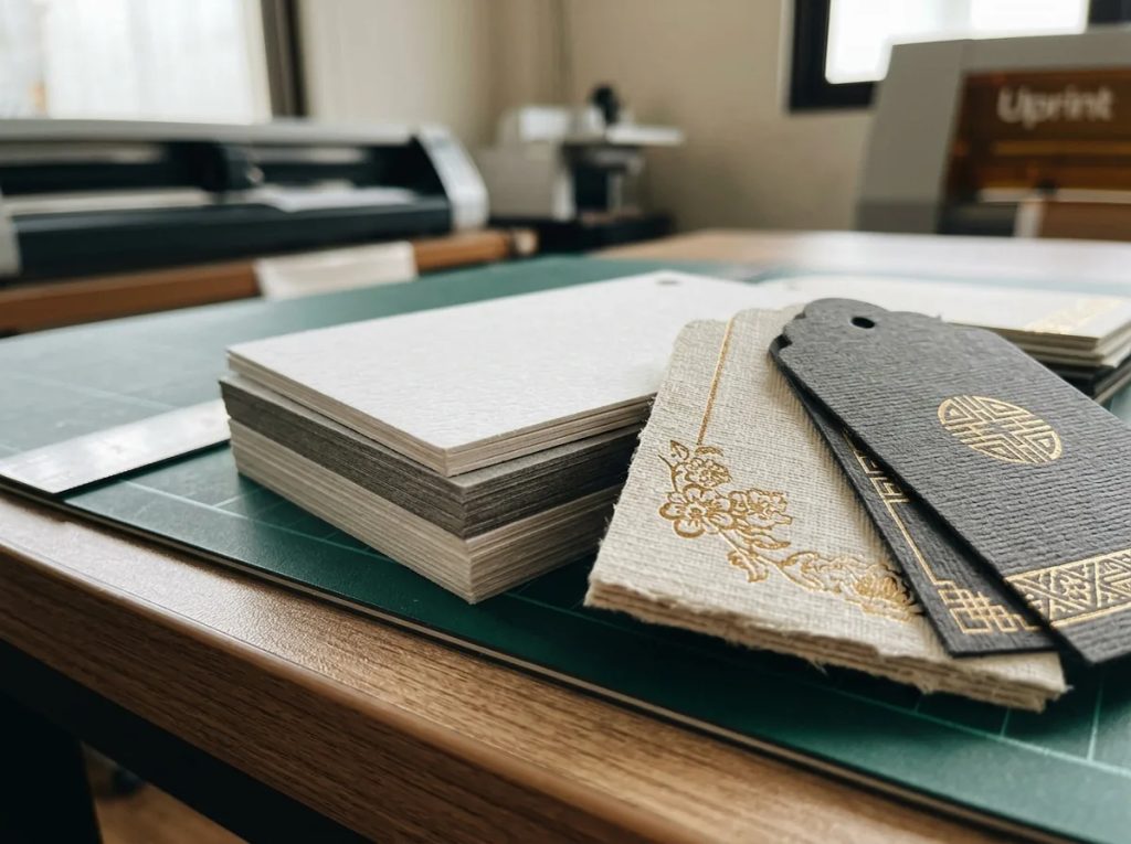 Pilihan material cetak gift tag Imlek Jakarta dari art carton tebal dan fancy paper bertekstur foil emas.