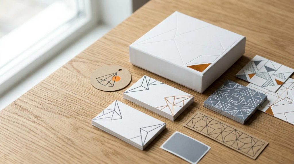 Aplikasi motif geometric pattern pada box kemasan, kartu nama bisnis, dan stiker label di Jakarta
