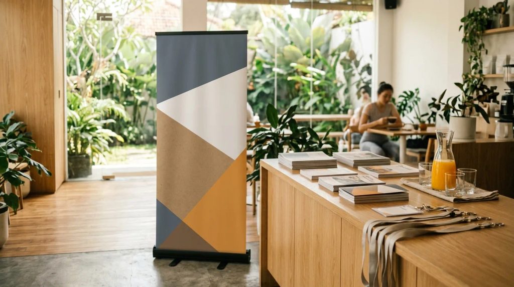 Suasana kafe pagi di Jakarta dengan roll up banner breakfast club di dekat meja registrasi