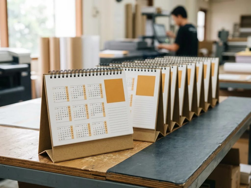 Deretan hasil cetak kalender meja A5 portrait Jakarta dengan tata letak strategi konten 12 halaman dan CTA.