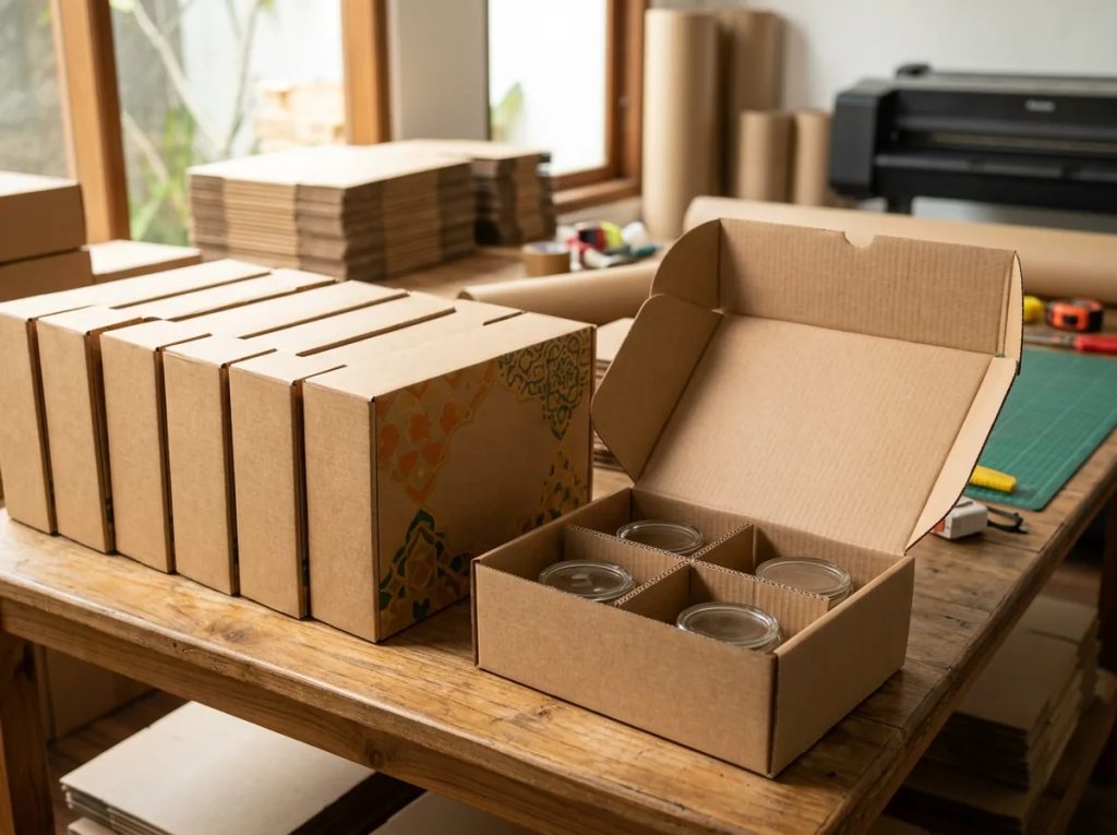 Susunan corrugated box Lebaran 30x20x10 cm dengan sekat toples untuk keamanan ekspedisi hampers.