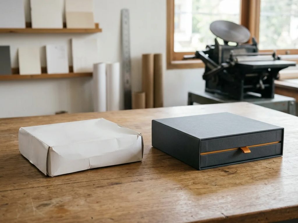 Perbandingan kemasan karton biasa dan cetak hard box custom kaku berkesan premium.