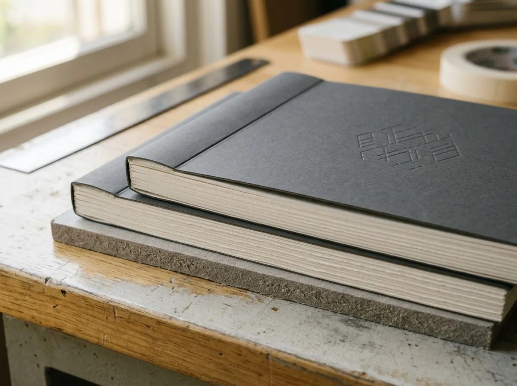 Detail struktur jilid lem block custom dengan cover lipat, bantalan kertas rapi, dan alas greyboard kokoh.