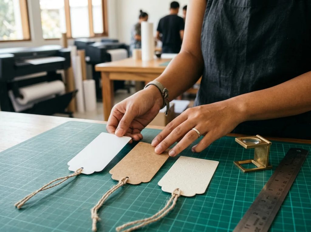 Perbandingan material cetak gift tag: art carton, kraft paper, dan fancy textured paper di percetakan.