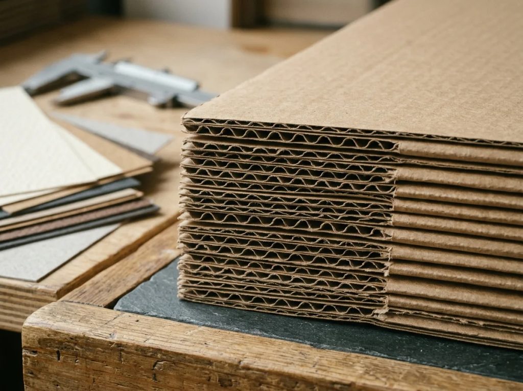 Detail struktur gelombang flute pada tumpukan lembaran corrugated box untuk hampers Lebaran.