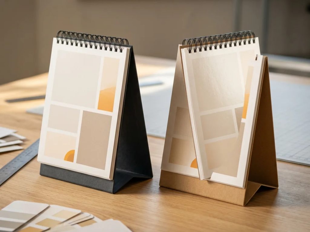 Perbandingan cetak kalender meja A5 portrait material kraft dan hardboard di percetakan Jakarta.