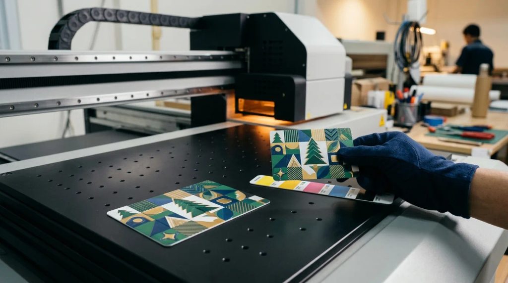 Proses UV print langsung pada kartu e-money bertema Natal