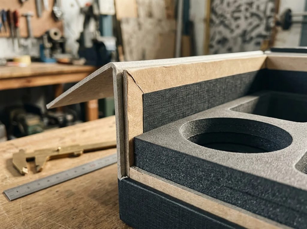 Detail struktur hardbox tebal dan insert busa presisi untuk kemasan hampers Lebaran Haji.
