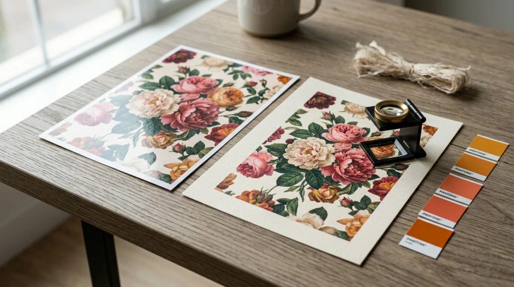 Perbandingan bahan cetak kemasan floral pattern pada kertas Ivory dan Art Carton