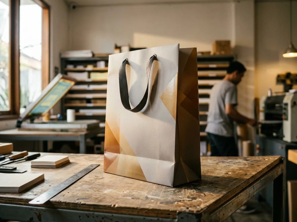 Contoh cetak paper bag laminating doff dan glossy eksklusif untuk kemasan bisnis di percetakan Surabaya.