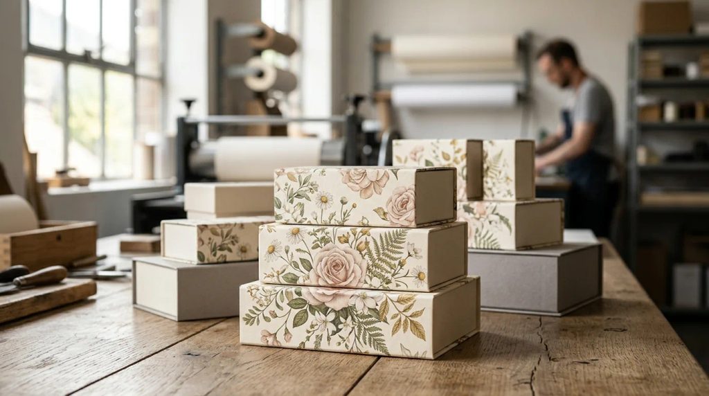 Kemasan boks kosmetik bermotif floral pattern botanical vintage berkualitas tinggi