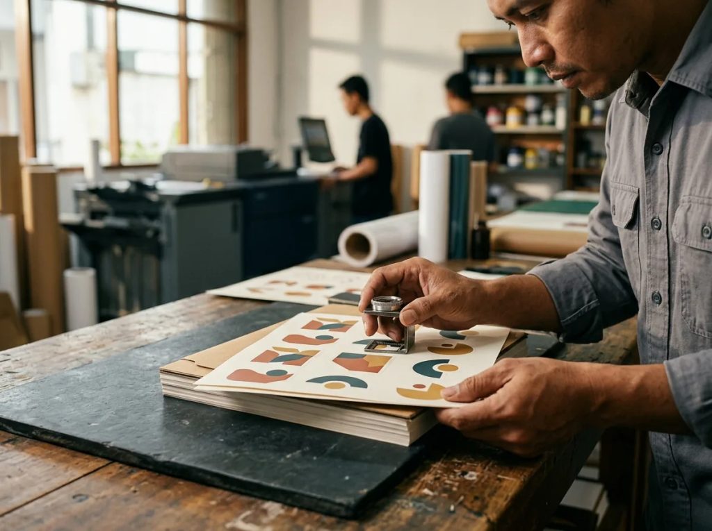 Pengecekan detail cetak dan finishing stiker brand dengan loupe di ruang percetakan.