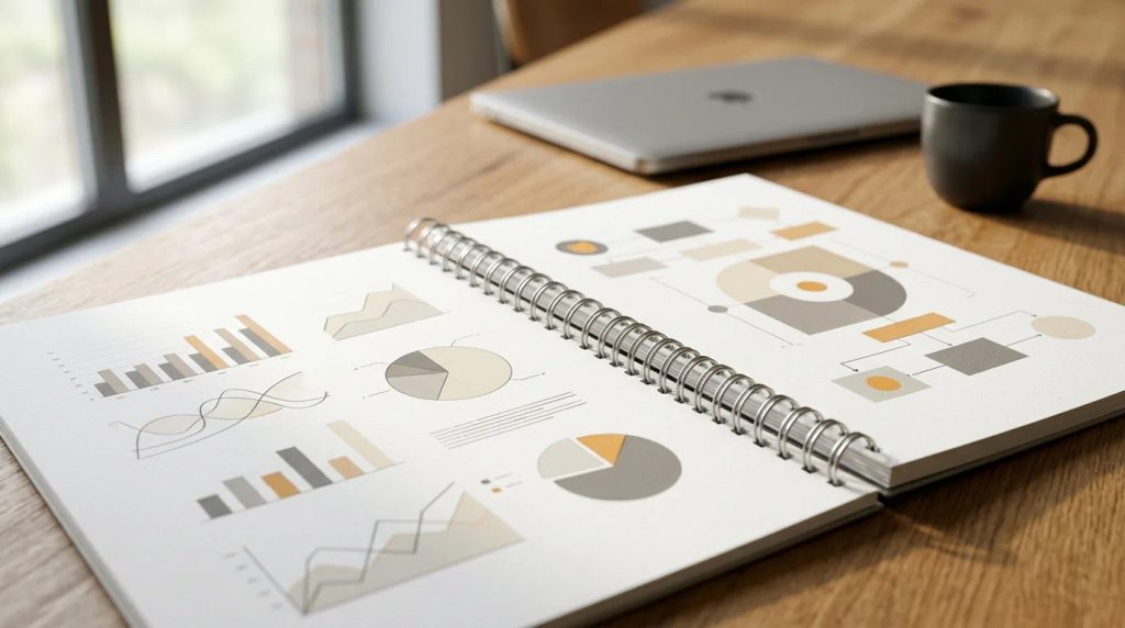 Cetak jilid spiral kertas putih untuk proposal bisnis profesional di meja rapat