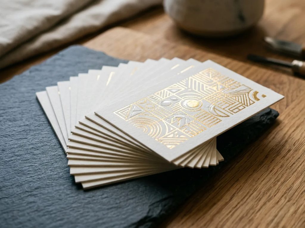Detail tipografi taktil dengan finishing hot stamping gold foil dan spot UV pada kartu nama bisnis.
