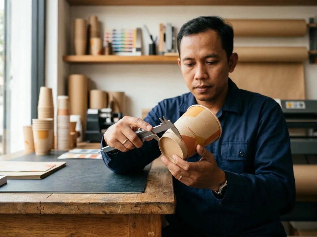 Pengecekan presisi sambungan dasar paper cup dengan jangka sorong untuk mencegah risiko kebocoran.
