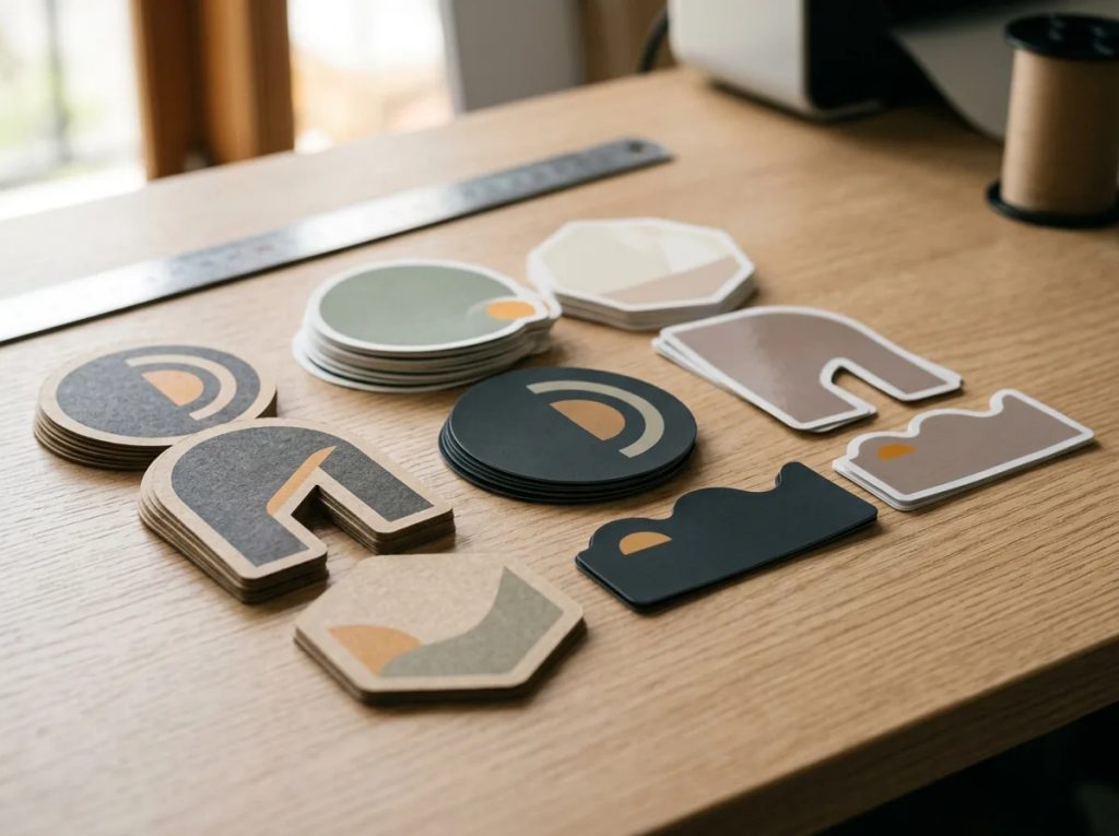 Susunan cetak stiker brand die-cut aneka material kraft dan film di meja percetakan.