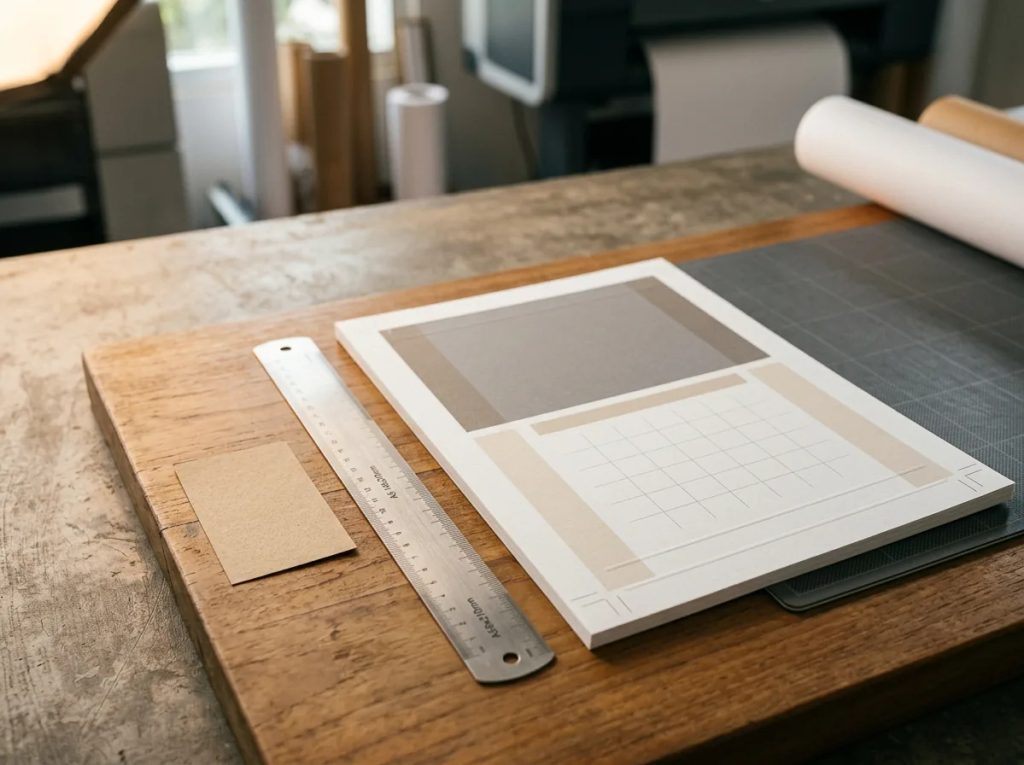 Layout kalender meja A5 portrait dengan panduan margin, area aman, dan bleed presisi di percetakan.