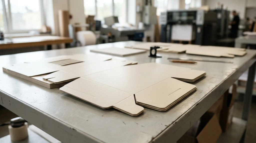 Lembaran karton Ivory food-grade berfinishing luster siap proses lipat pada produksi percetakan