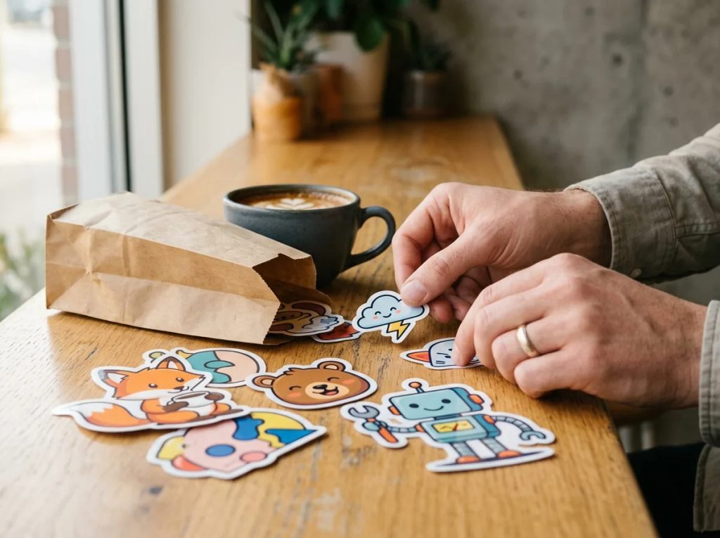 Stiker die-cut custom maskot kedai kopi di samping kantong takeaway kraft untuk pemicu UGC pelanggan.