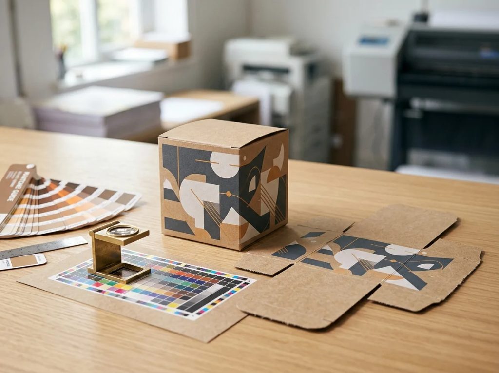 Pemeriksaan presisi warna CMYK dan kualitas cetak packaging ritel di meja percetakan.