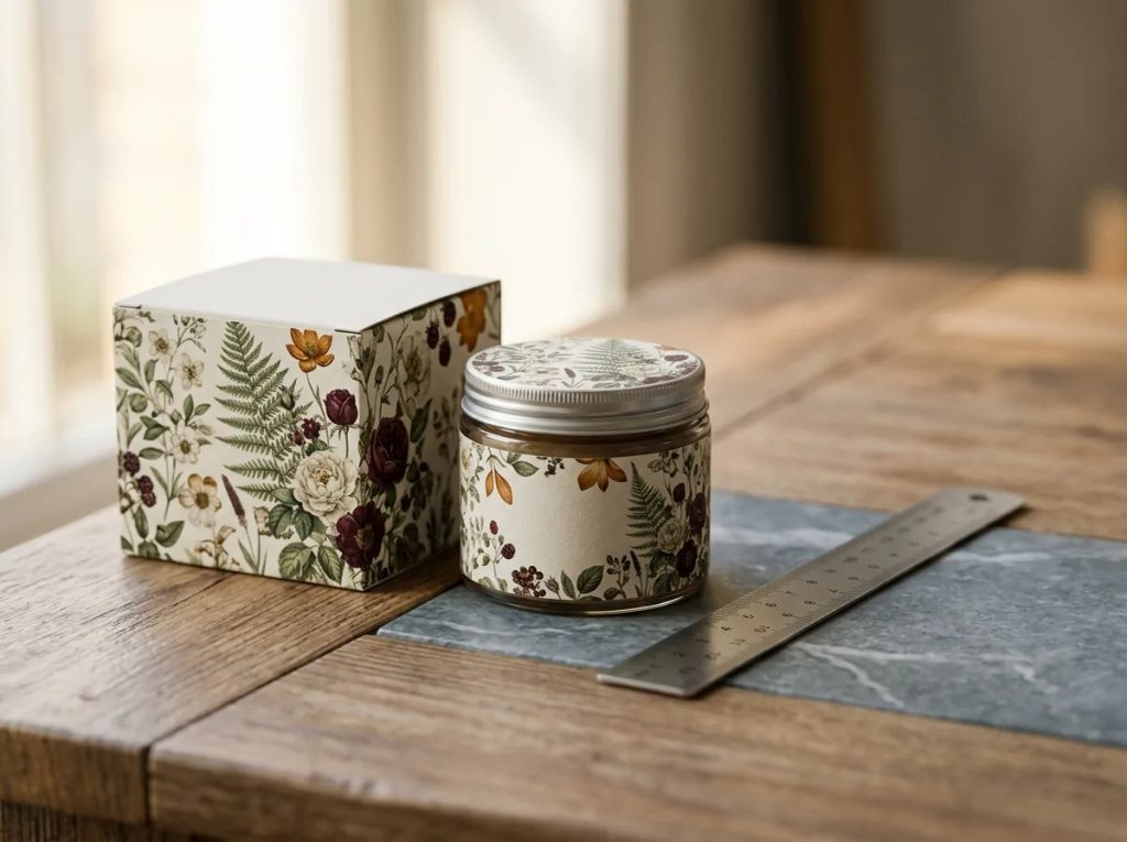 Kemasan boks dan toples dengan cetak floral pattern elegan untuk produk hampers Surabaya.