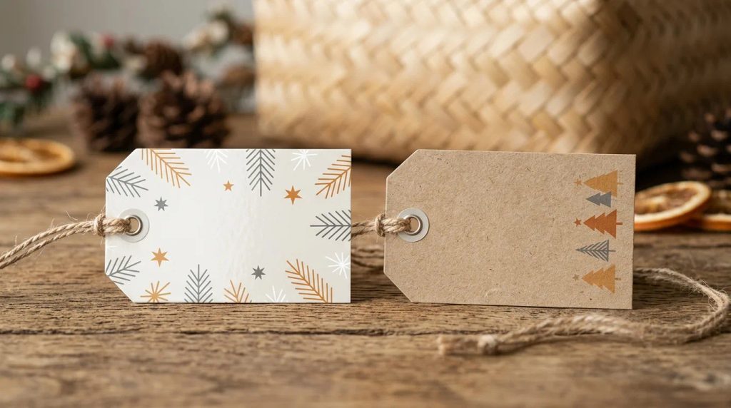 Gift tag Natal berfinishing laminating terpasang rapi pada kemasan hampers akhir tahun