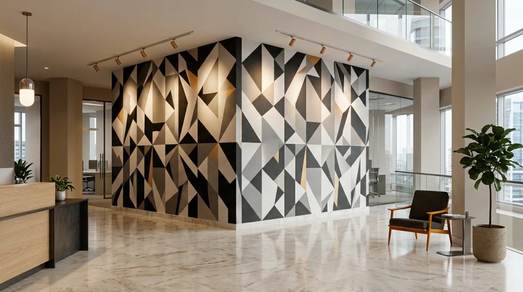 Instalasi cetak geometric pattern ukuran besar pada dinding lobi kantor
