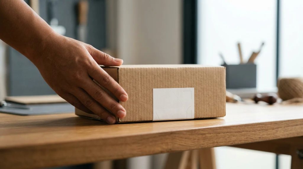 Stiker kata-kata simple minimalis pada kemasan boks kardus unboxing